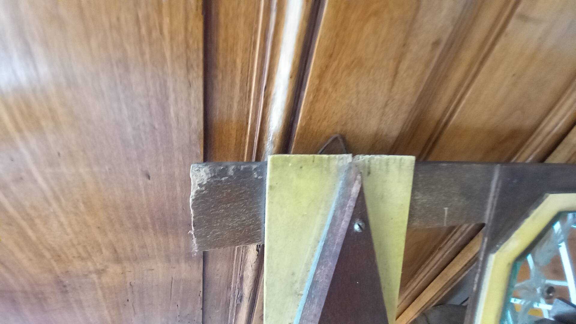 Vintage Art Deco wall coat rack in two-tone wood with engraved mirror.