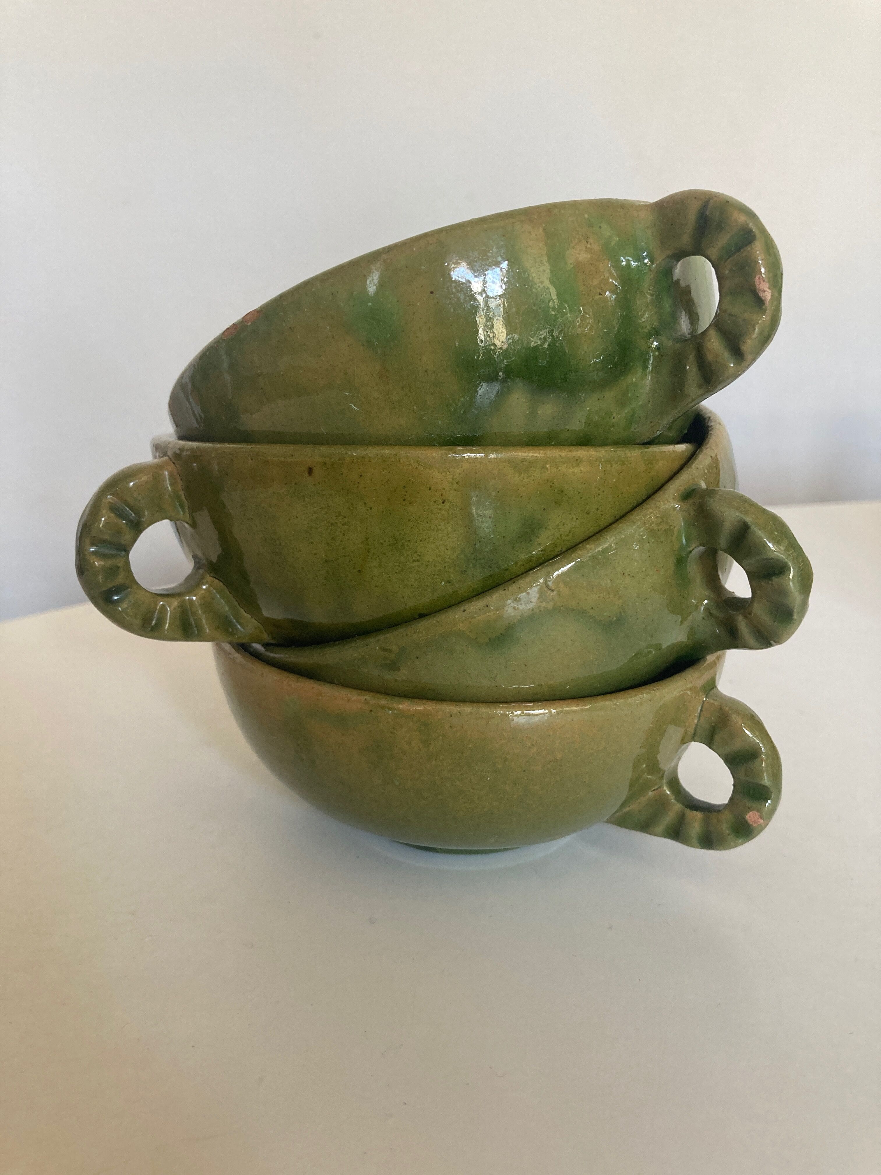 Set of 4 cups with starters or dessert in glazed earth of Biot green 1960