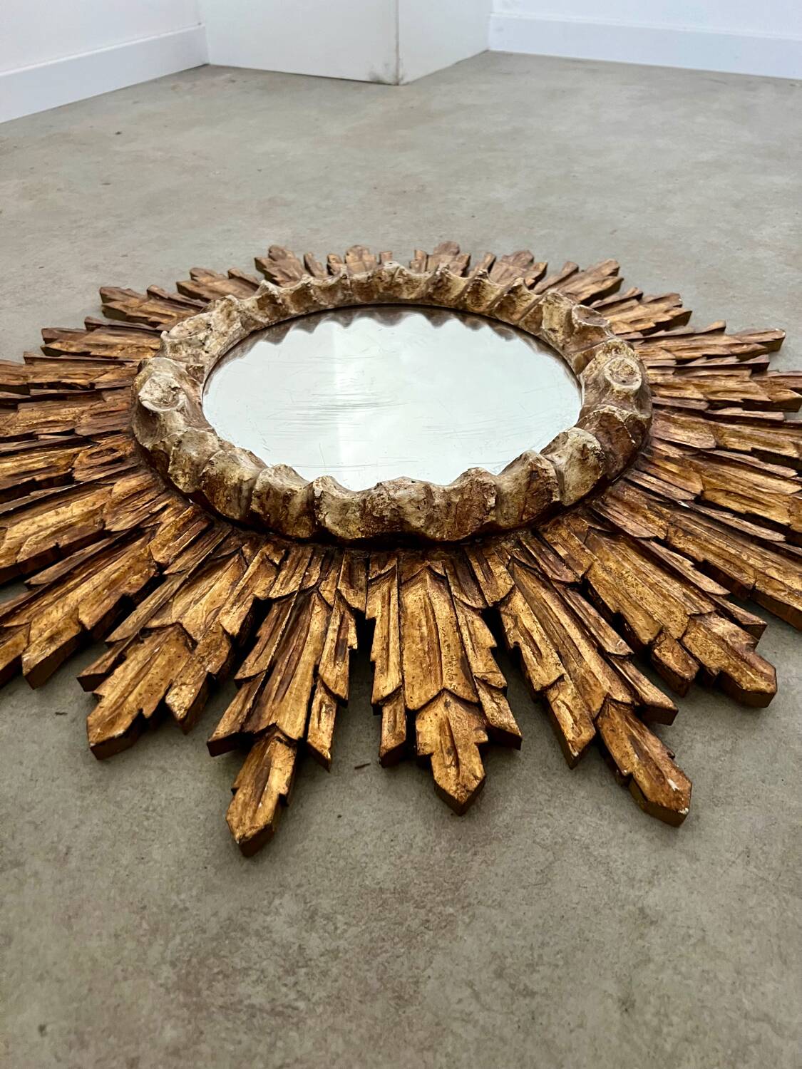Old golden wooden sun mirror large size vintage 50s design