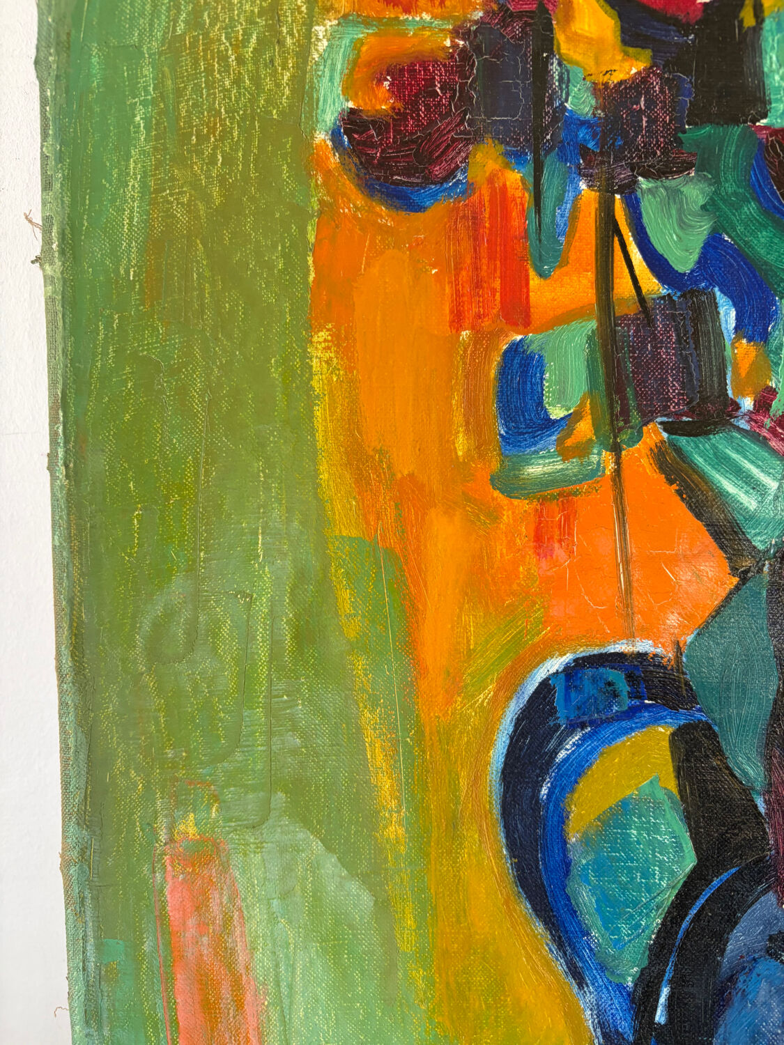 Bouquet of flowers in a blue vase, knife technique.