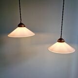 Pair of Art Deco conical white opaline pendants, 1920-30.