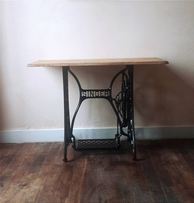 Solid wood and cast iron desk/Singer sewing machine table/entrance console/bathroom furniture