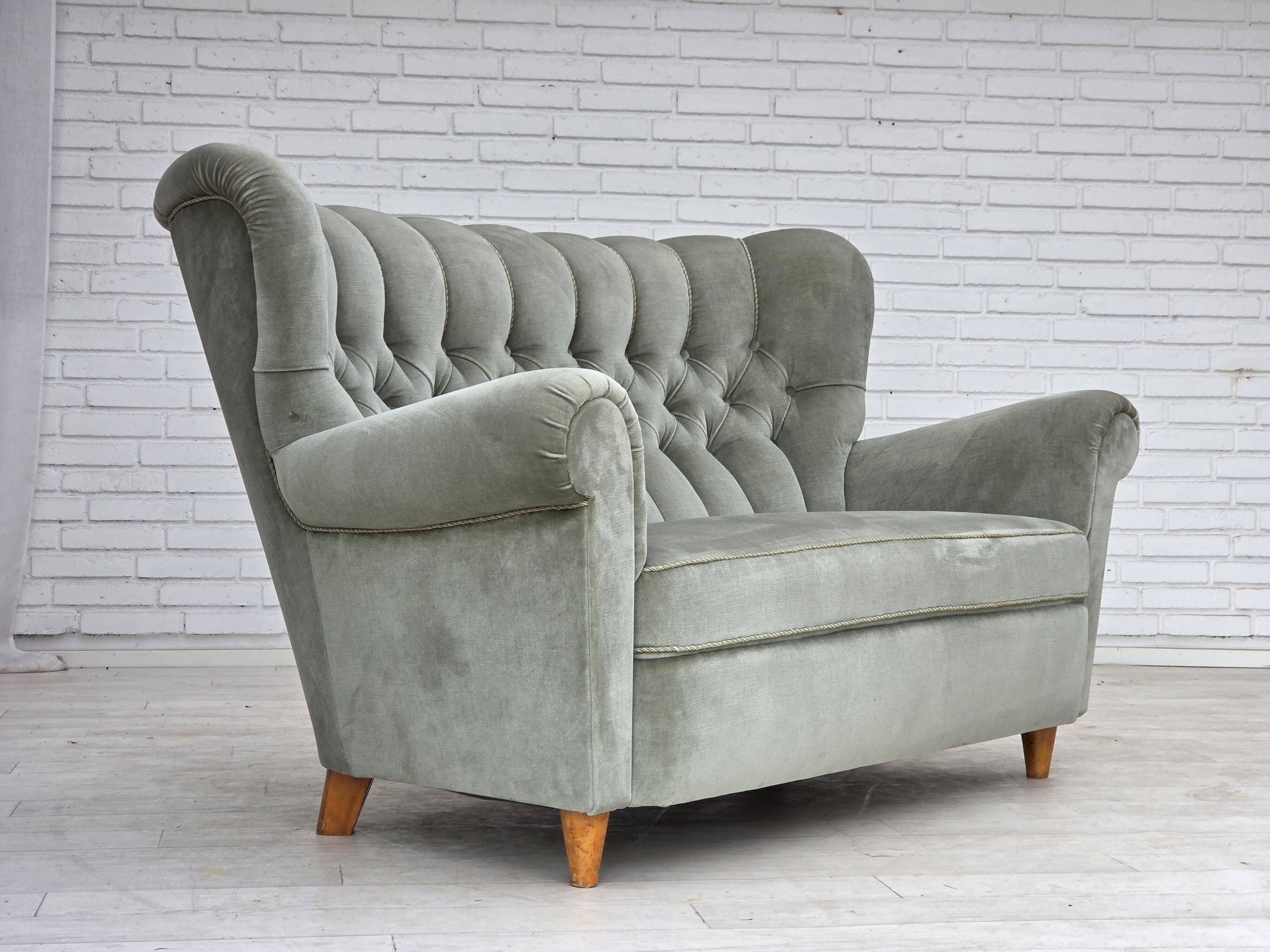 1960s, Danish 2-seater sofa. light green furniture velour.