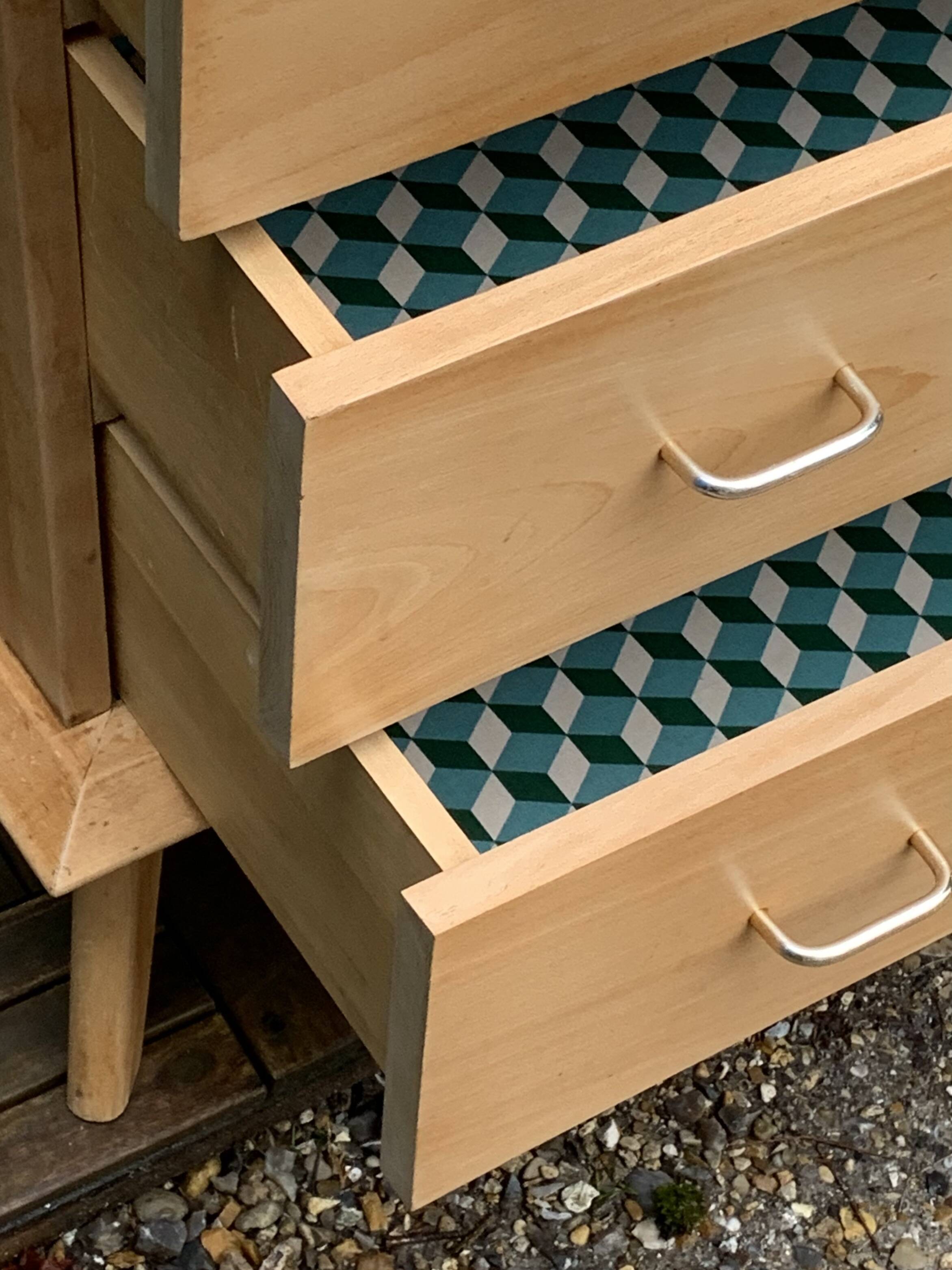 Vintage chest of drawers with compass feet, solid raw beech, 1960s