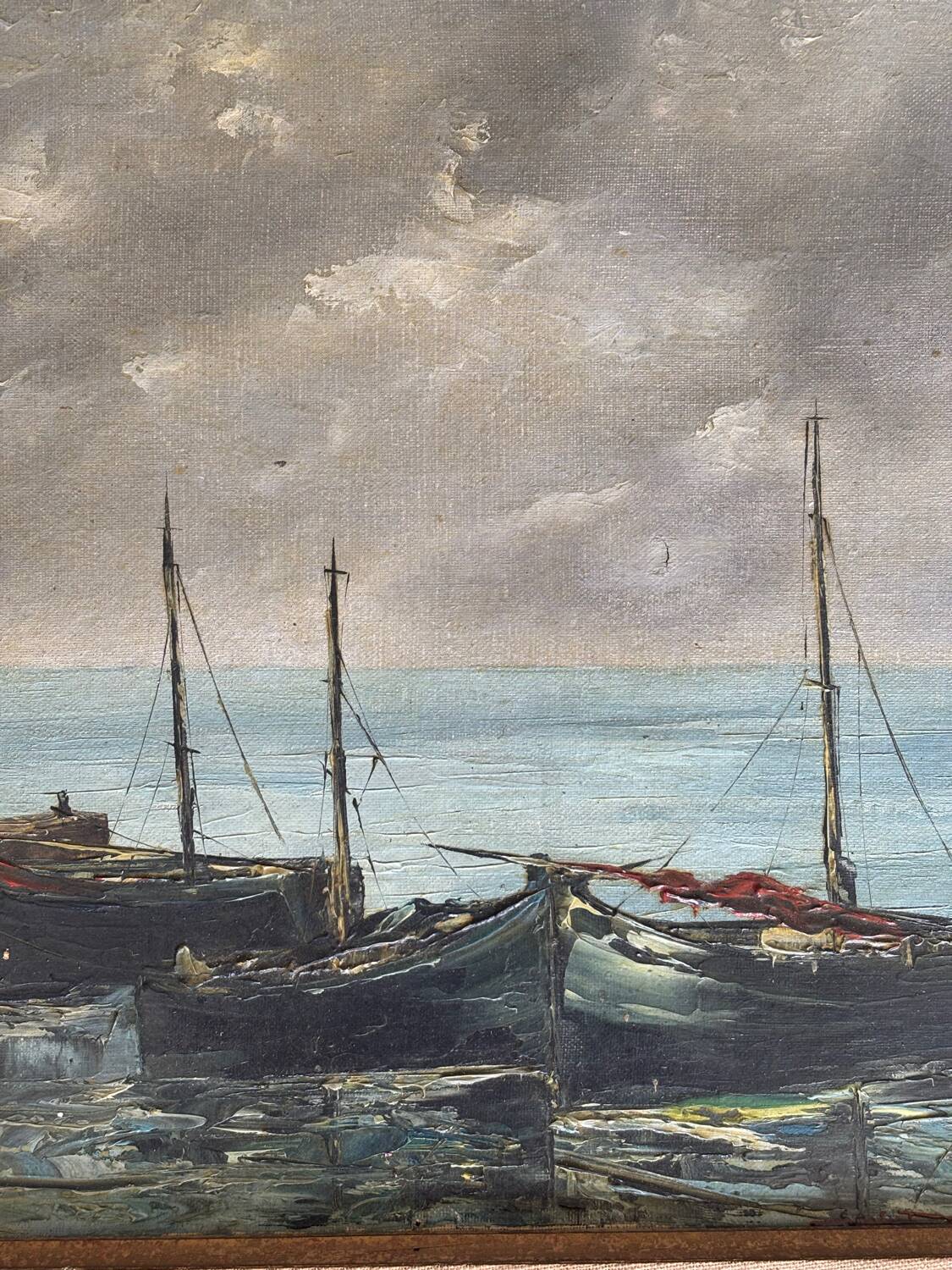 Oil on canvas - boats in the harbour, signed 1964