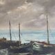 Oil on canvas - boats in the harbour, signed 1964