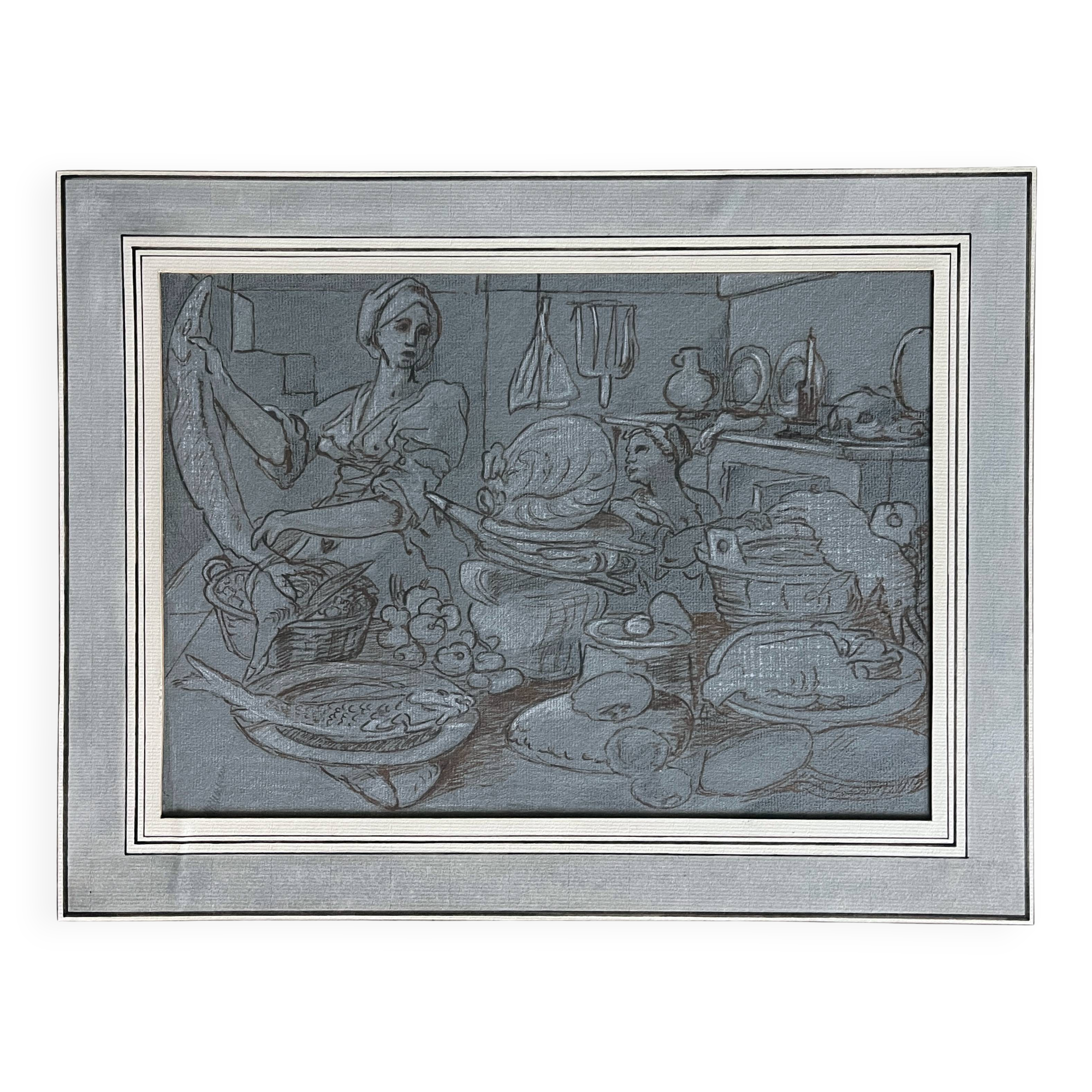 Painting Drawing "Animated Kitchen Scene" After Jeremias van Winghe