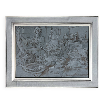 Tableau Drawing "Animated Kitchen Scene" After Jeremias van Winghe