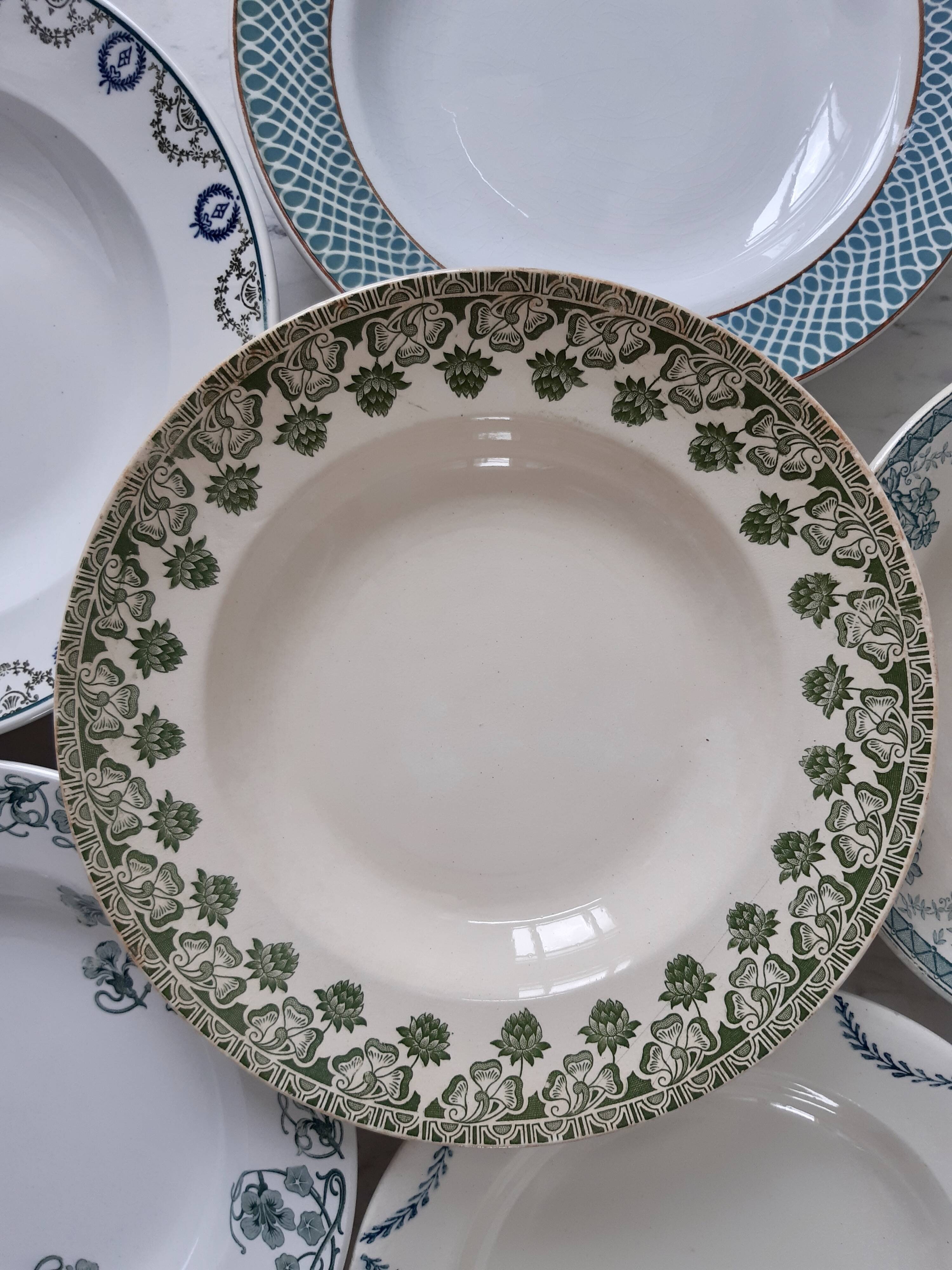 Set of 6 mismatched green hollow plates St Amand, Badonvillier, Salins and Bosch