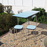 Blue formica table and two stools