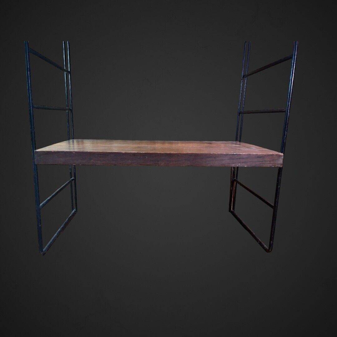 60's string wall shelf black lacquered metal oak, vintage