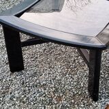70s design coffee table in black lacquered wood with smoked glass top
