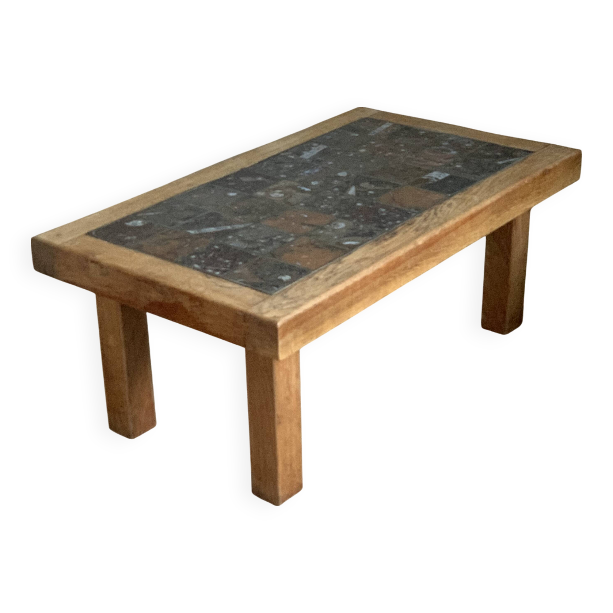 Table basse brutaliste en chêne massif et marbre, années 70