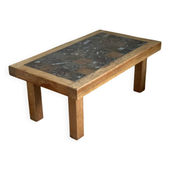 Brutalist coffee table in solid oak and marble, 1970s