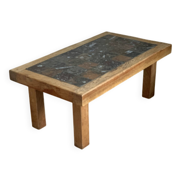 Table basse brutaliste en chêne massif et marbre, années 70