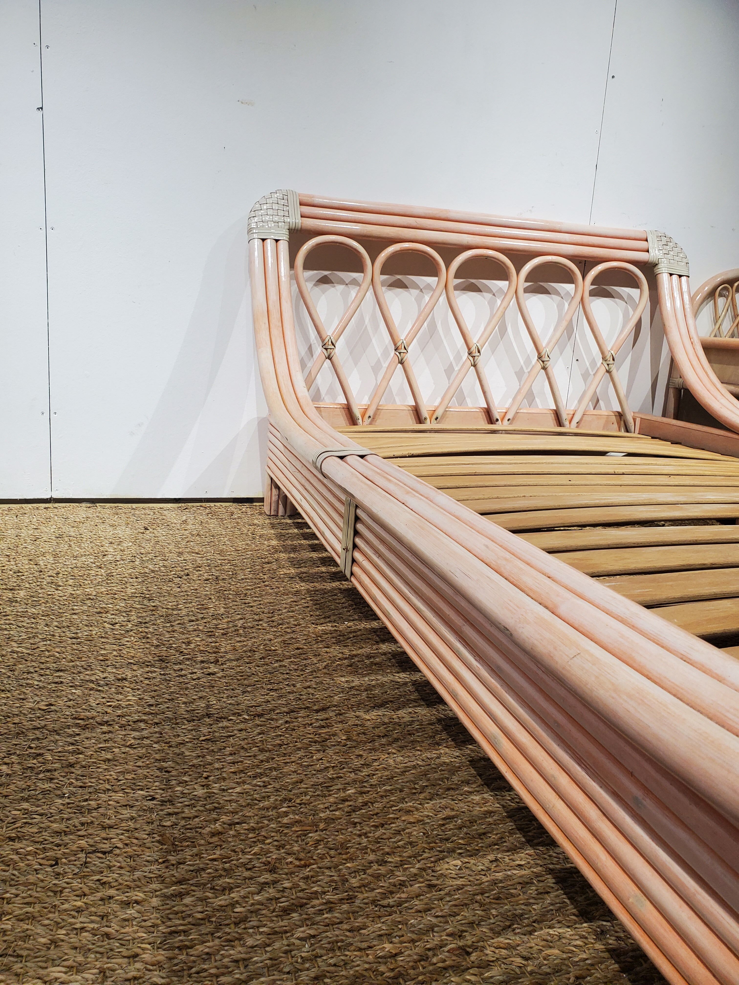 Pink rattan bed and bedside table set