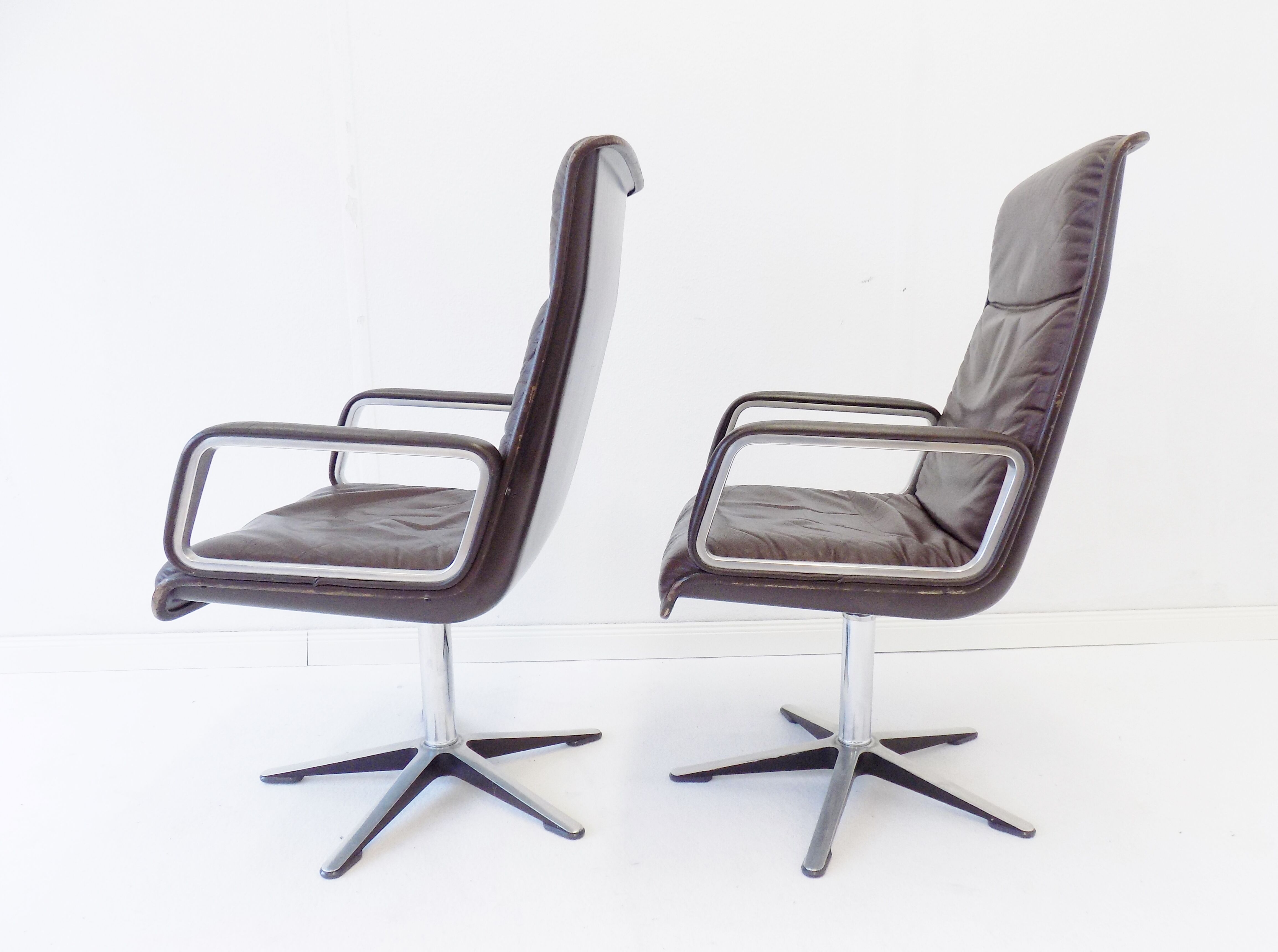 Wilkhahn Delta Highback set of 2 brown leather armchairs by Delta Design