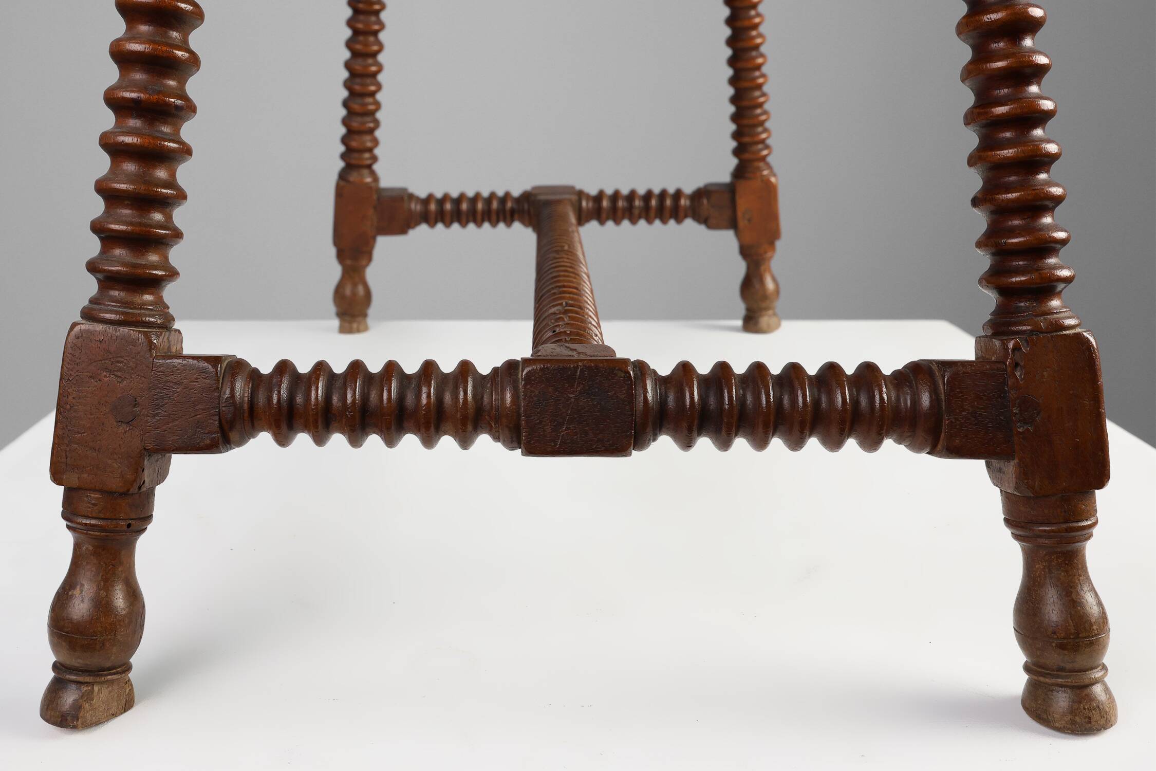 Antique Oak Side Table with Turned Legs and Stretcher Base, Spain, 17th Cen