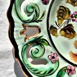 Openwork ceramic dish decorated bird and flowers style monaco bordered gold