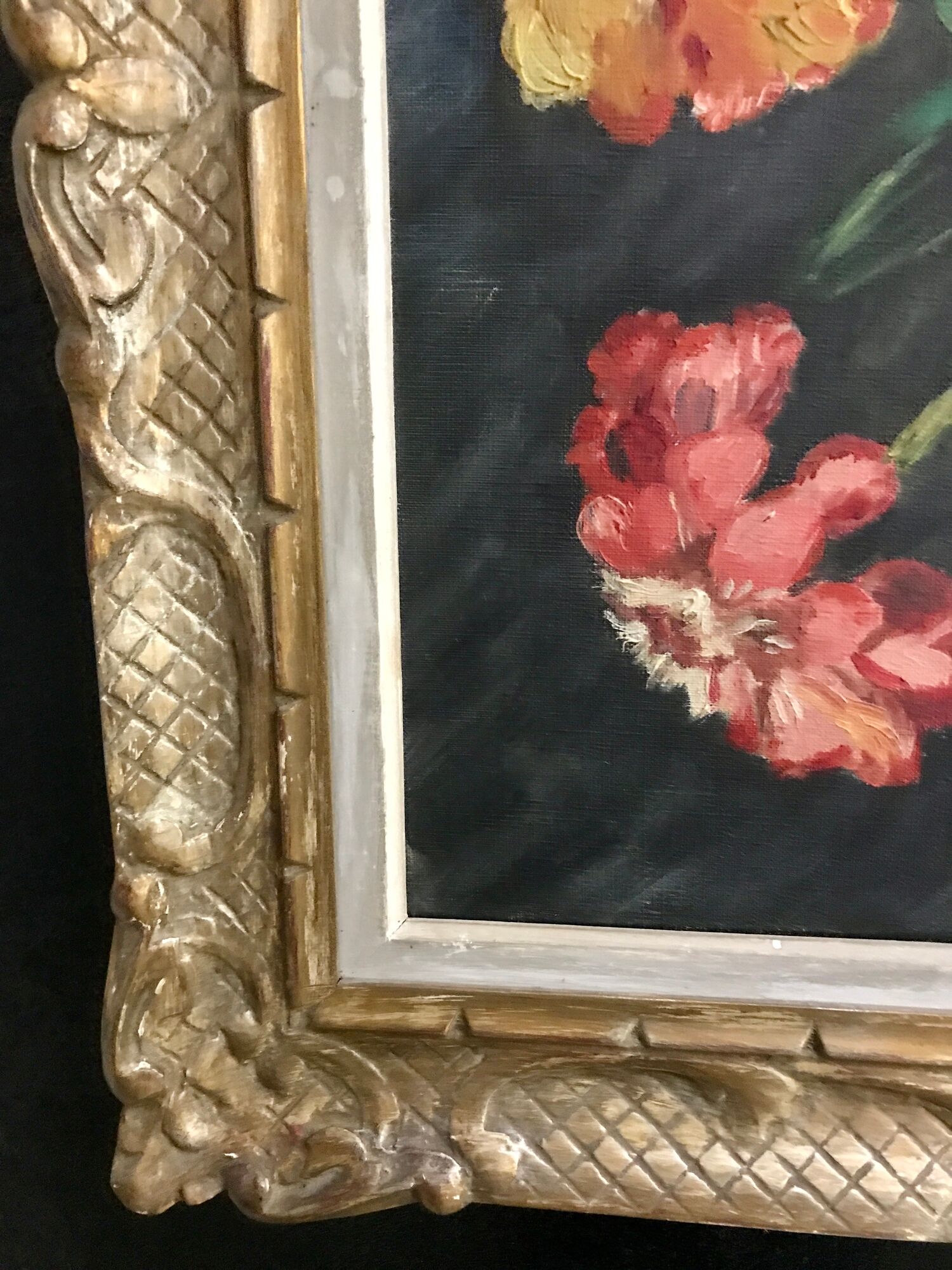 Huile ancienne sur toile bouquet de fleurs Zinnias