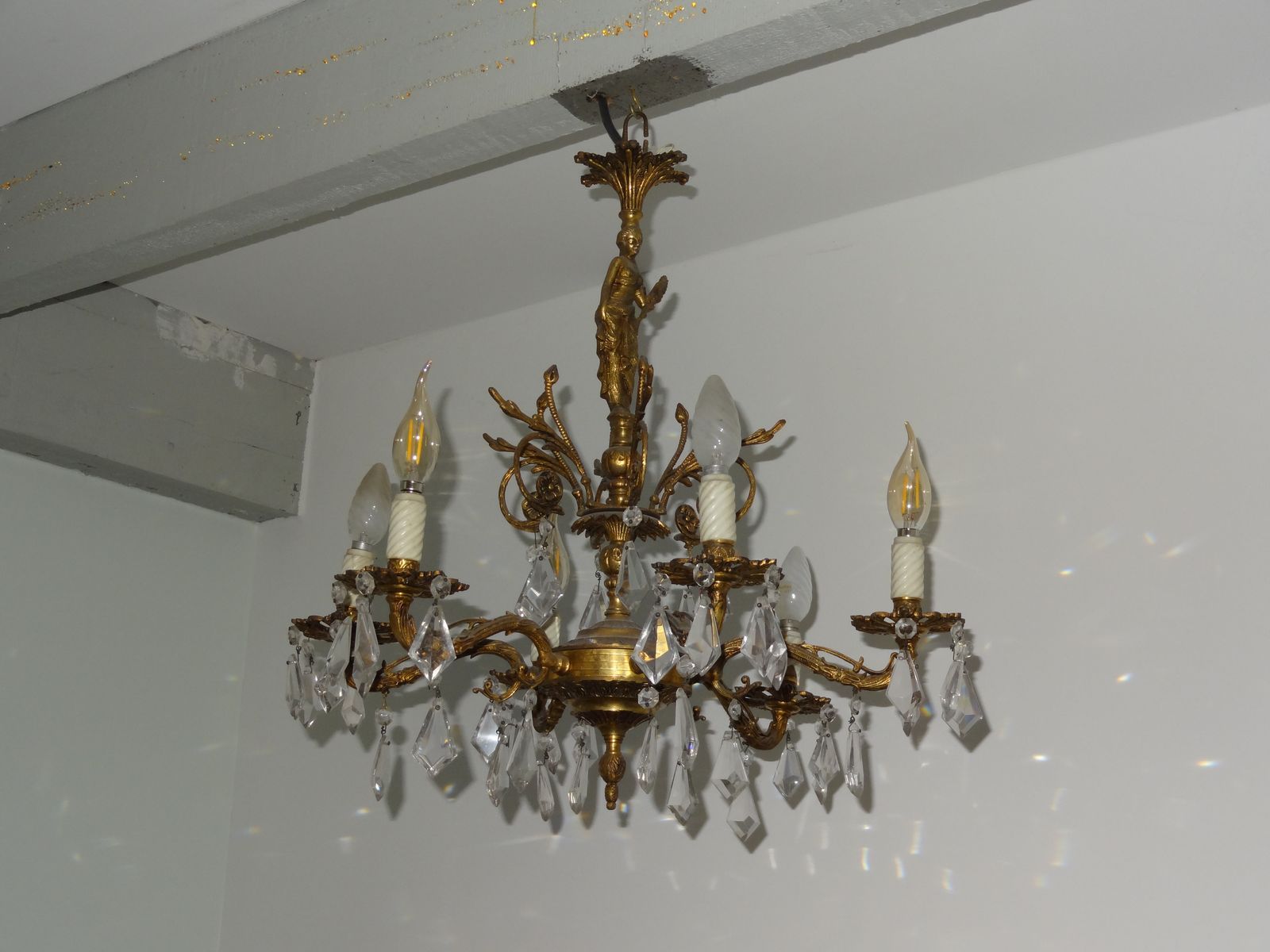Golden bronze and crystal chandelier