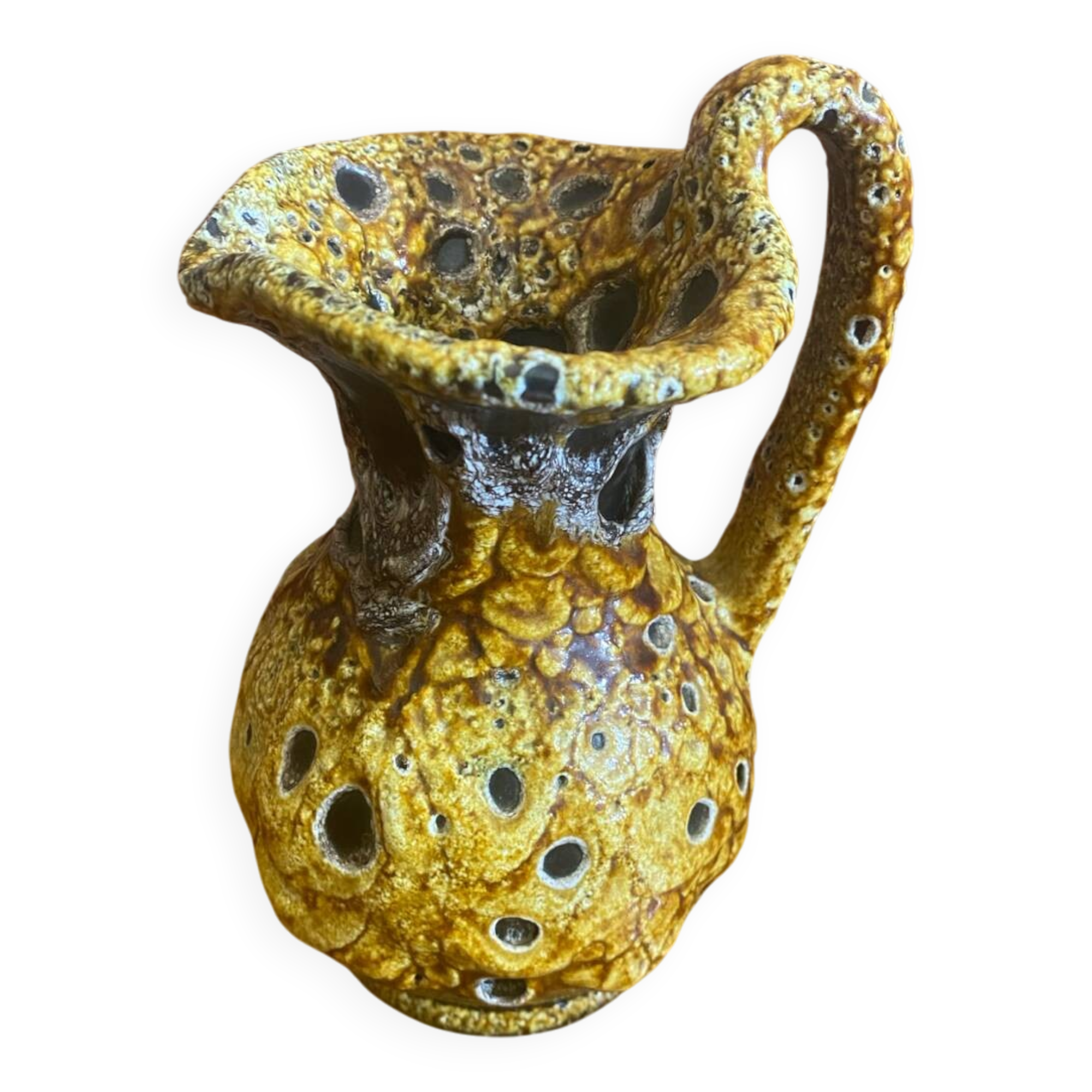 Antique pitcher cyclops enamels honey yellow vallauris fat lava vintage