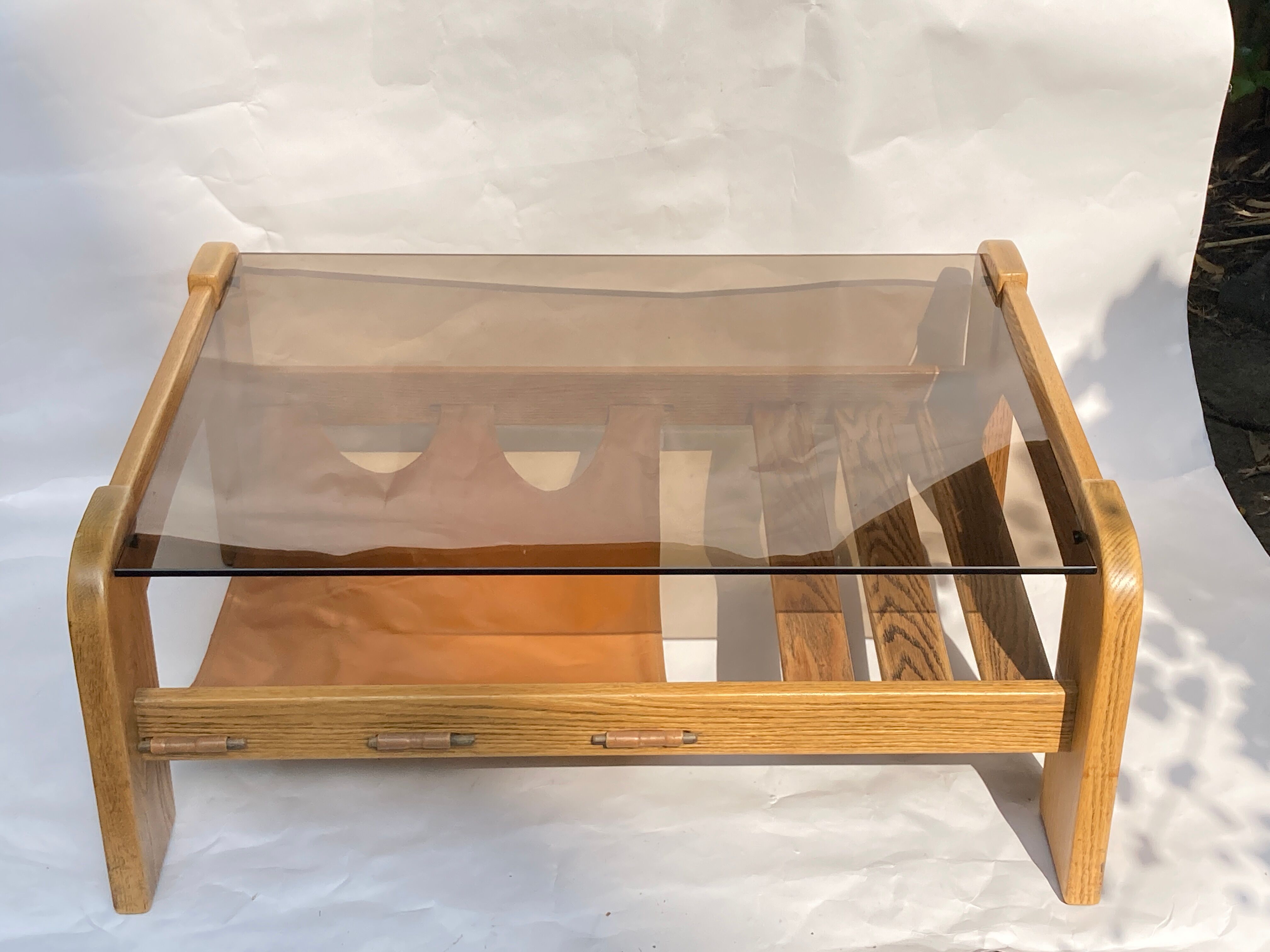 Brutalist wabi sabi slated coffee table with leather magazine holder