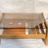 Brutalist wabi sabi slated coffee table with leather magazine holder