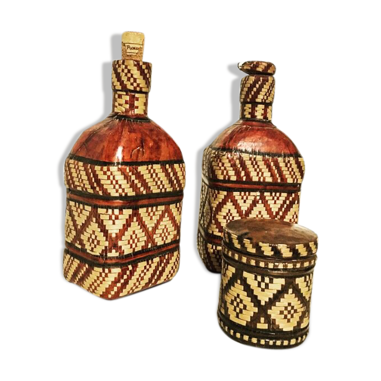 Lot of 2 ethnic leather-wrapped bottles and box