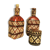 Lot of 2 ethnic leather-wrapped bottles and box