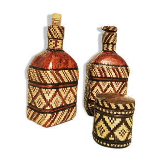 Lot of 2 ethnic leather-wrapped bottles and box