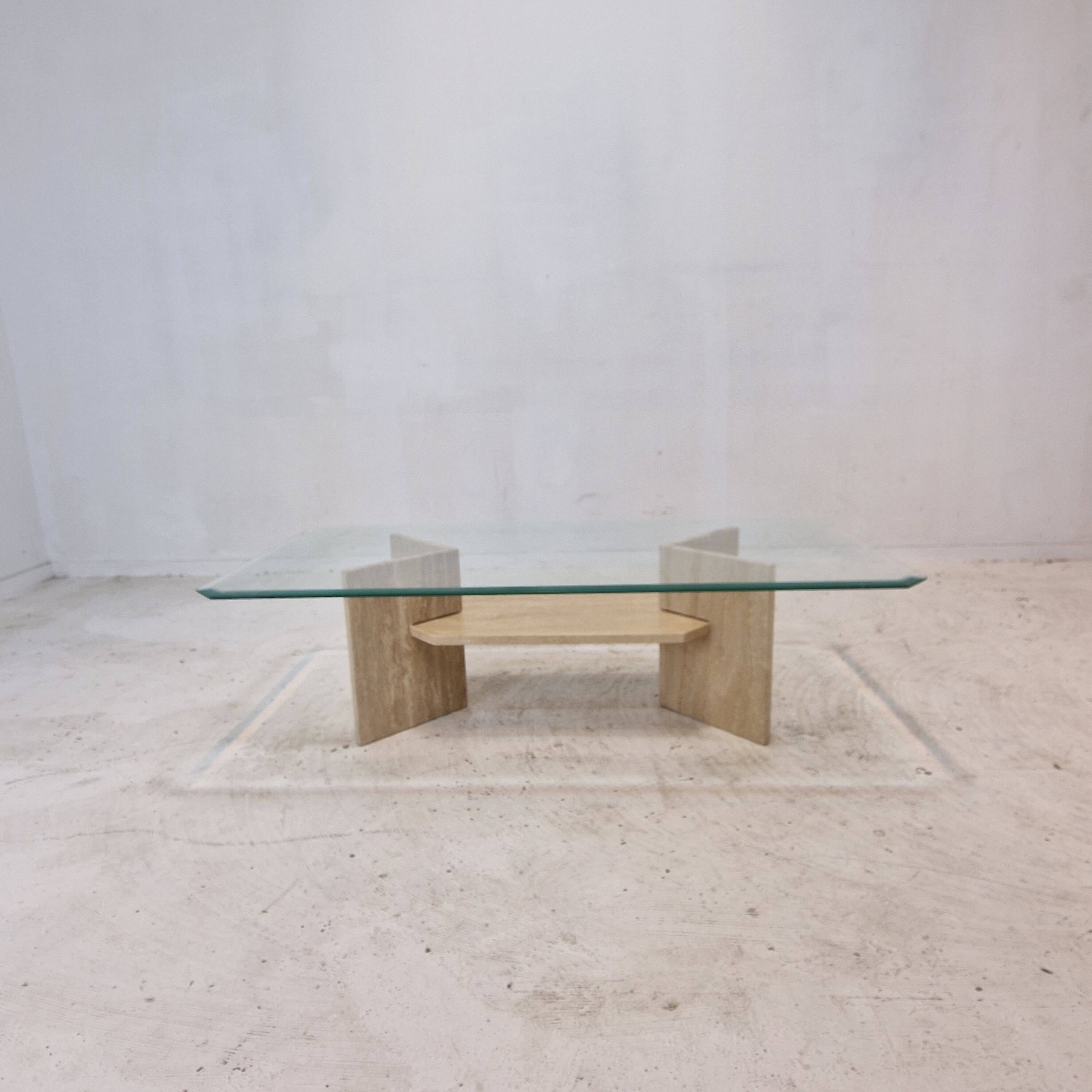 Italian Coffee Table in Travertine and Facet Cut Glass, 1980s