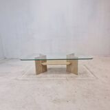 Italian Coffee Table in Travertine and Facet Cut Glass, 1980s