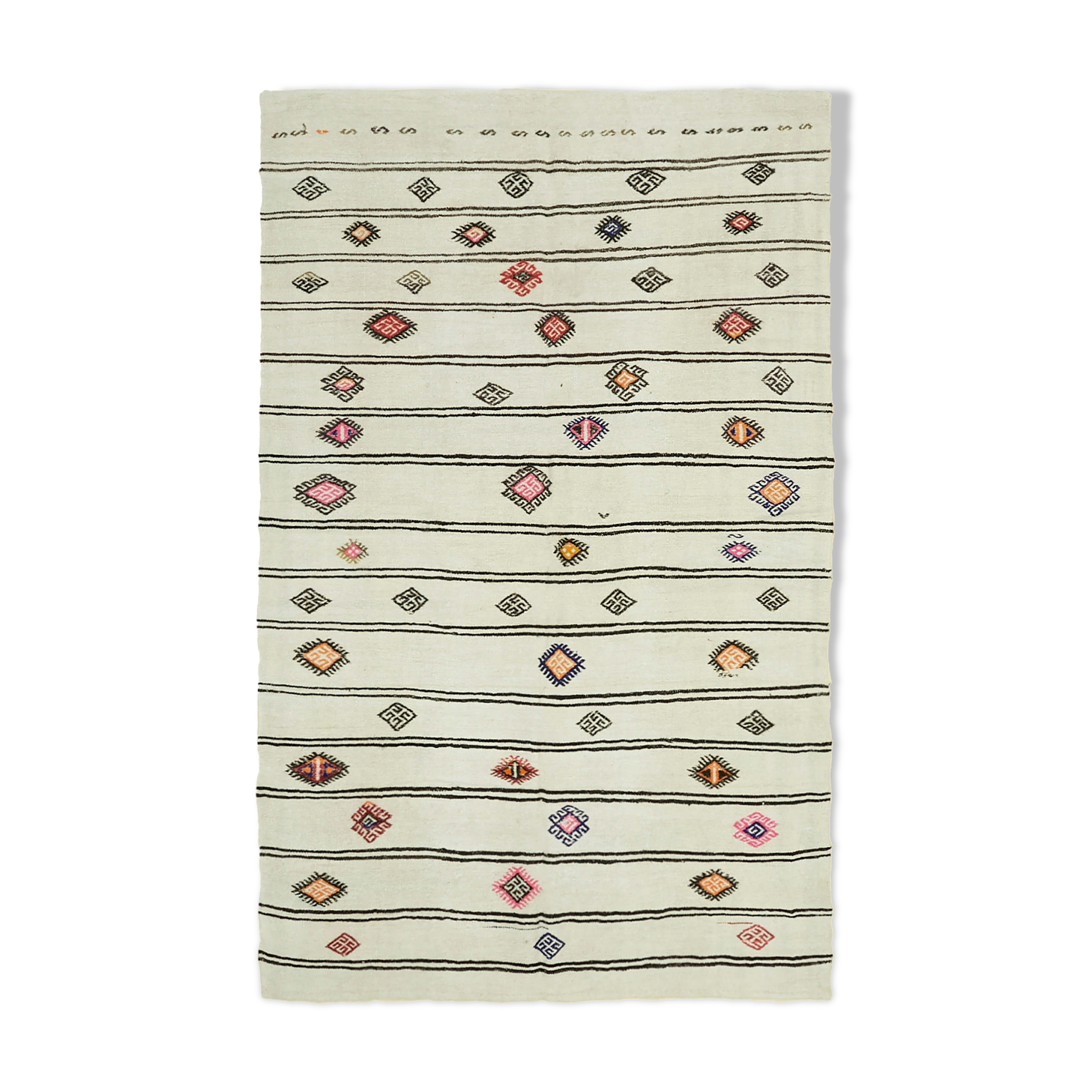 Hand-knotted turkish unique 1970s 222 cm x 343 cm beige hemp kilim carpet