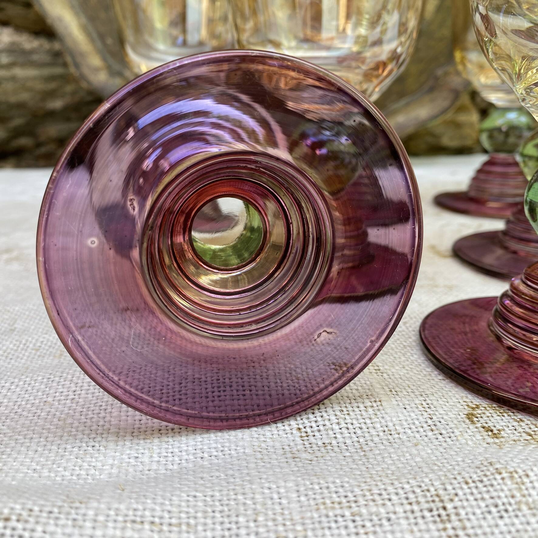 Vintage coloured tinted glass footed glasses