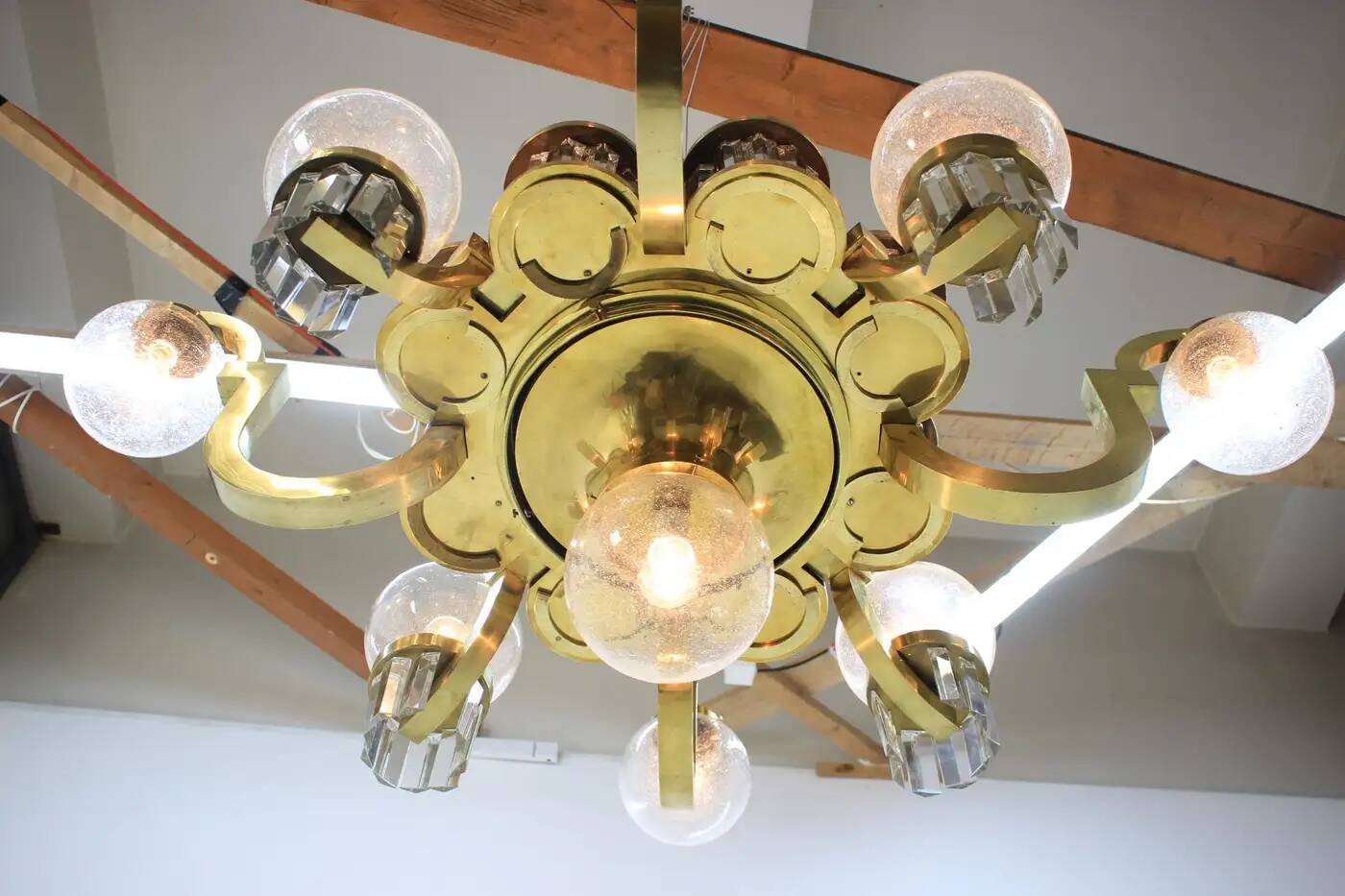 Extraordinary huge brass Art Deco chandelier, 1930s / Cubism
