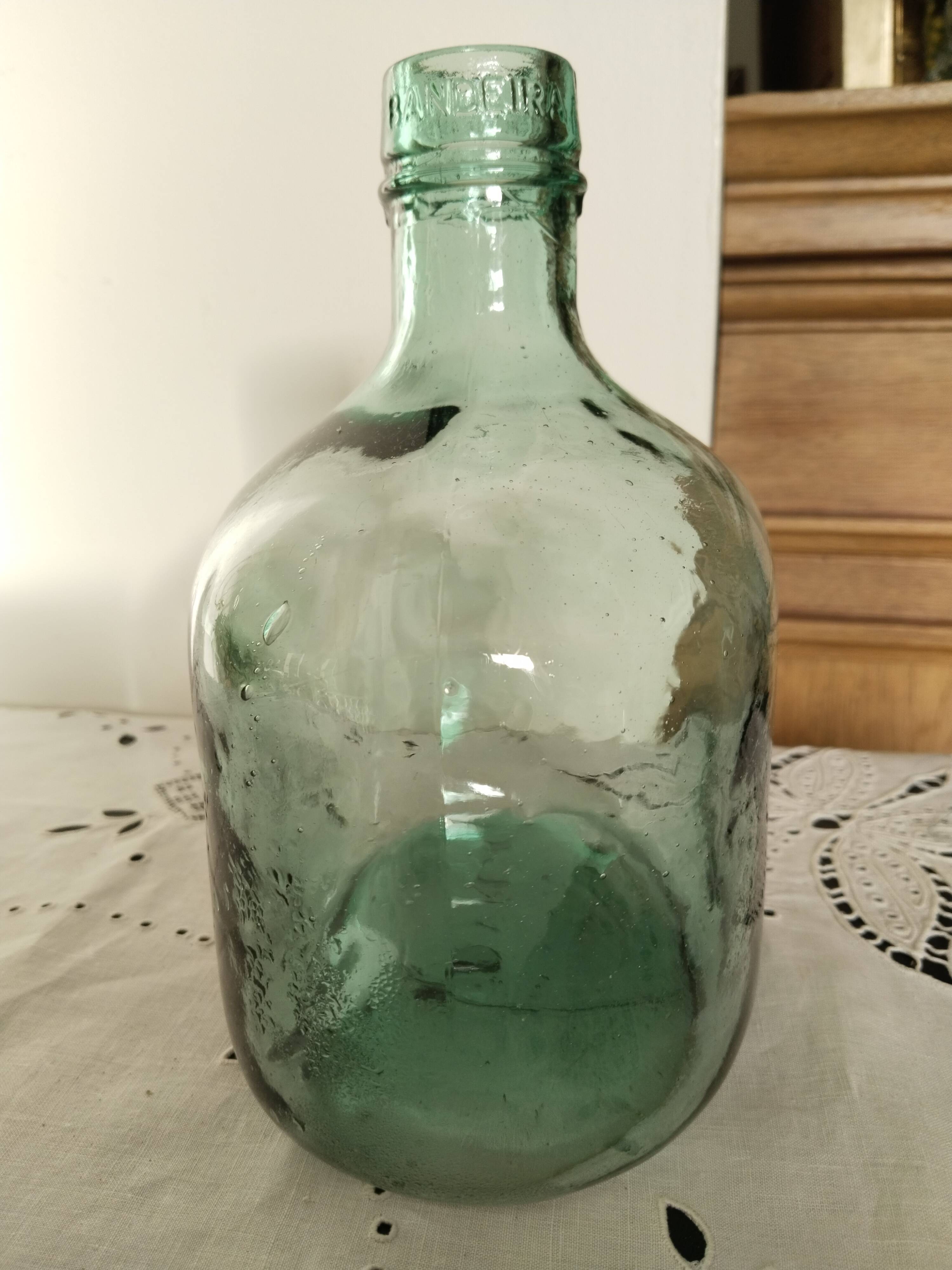 Blueish green Dame-Jeanne carboy, vintage French, Viresa Bandeira