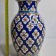 Moroccan handicraft vase in blue enamelled terracotta decorated with flowers, 32 cm