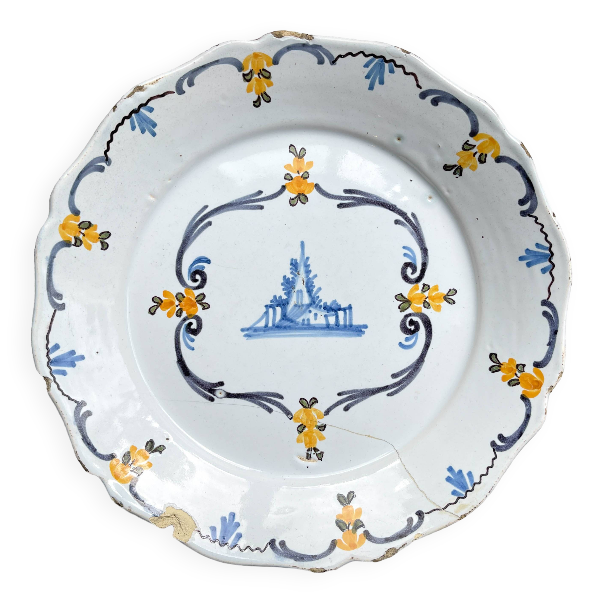 Antique French Earthenware Plate 18th Century NEVERS Landscape Motif