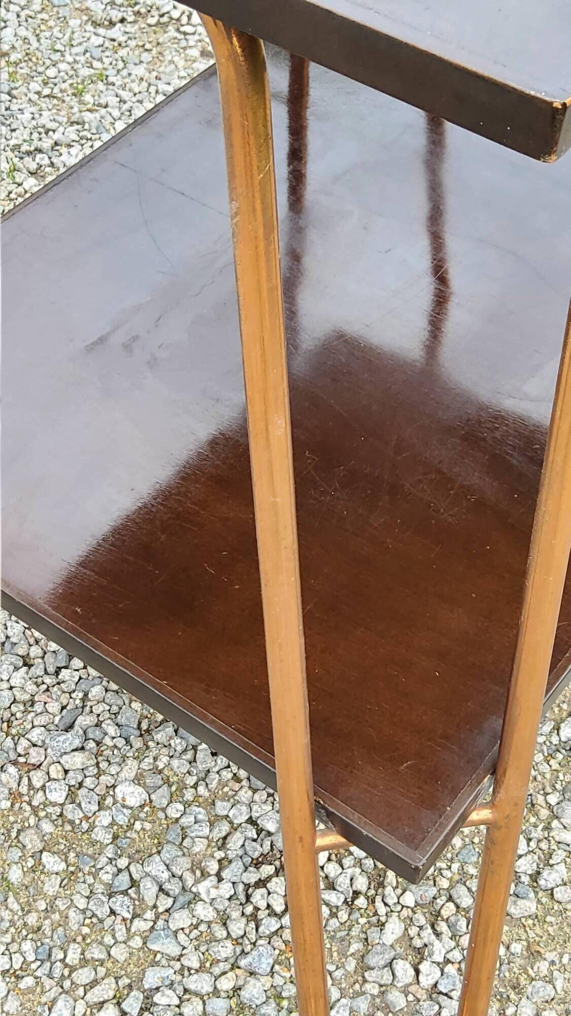Vintage double wooden side table with copper base from the 50s
