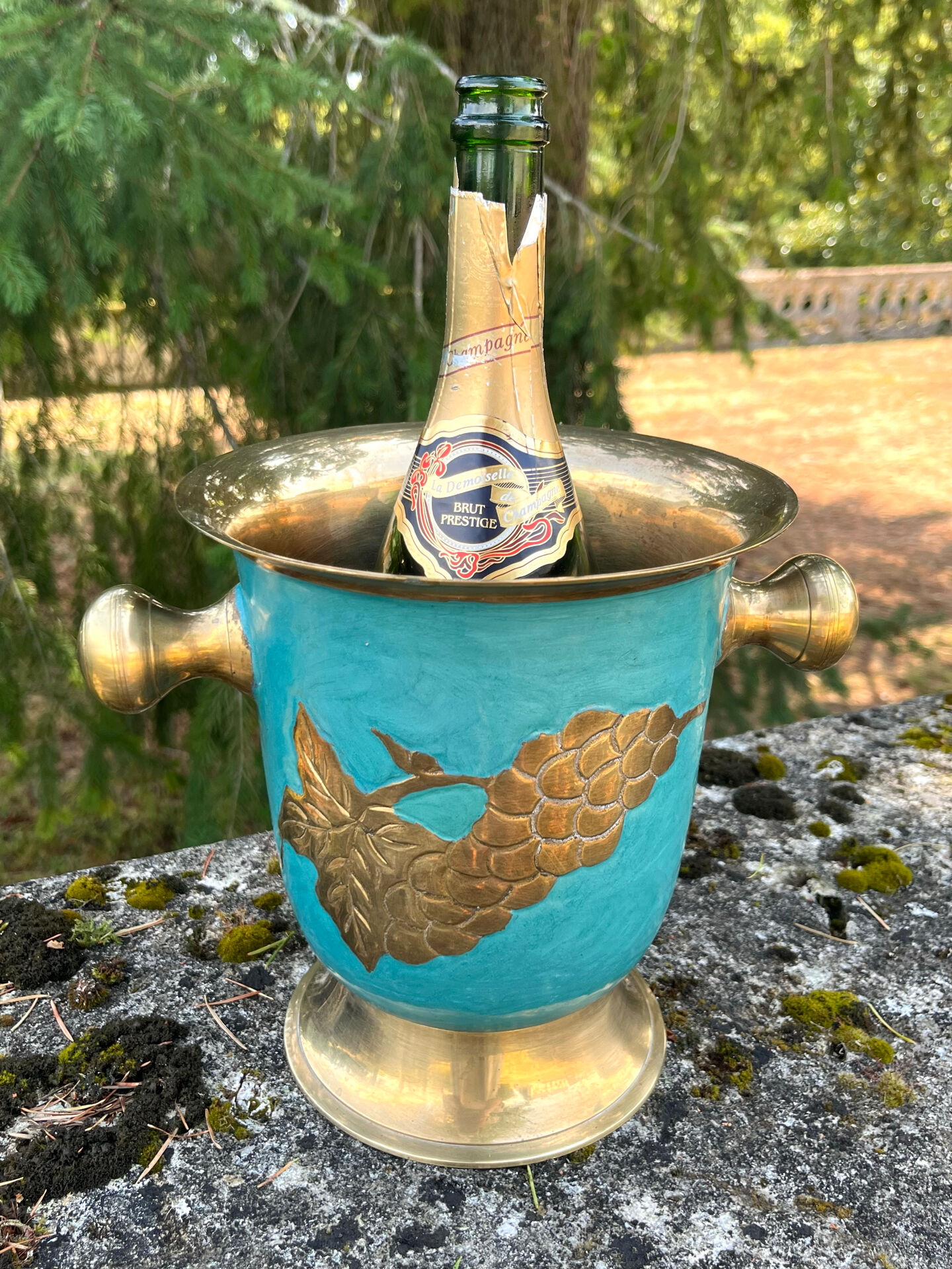 Vintage cloisonne brass champagne bucket with turquoise grape design
