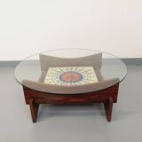 Vintage 60s-70s round coffee table with 2 shelves in glass and rosewood