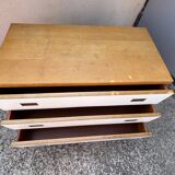 1970s chest of drawers in oak, brass and off-white veneer