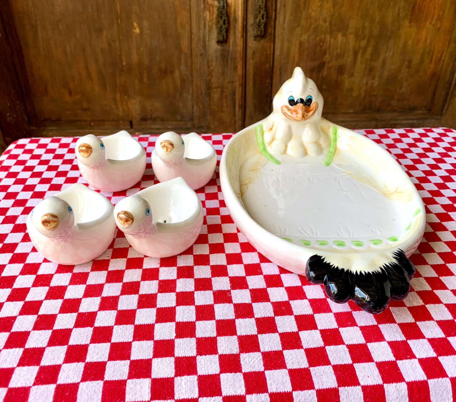 Dish and egg cups with chick designs
