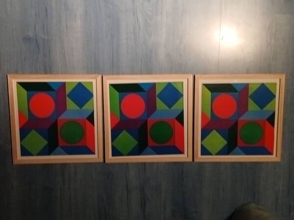 Triptyque Vintage Art Optique - Victor Vasarely - 3 Cadres 30x30cm
