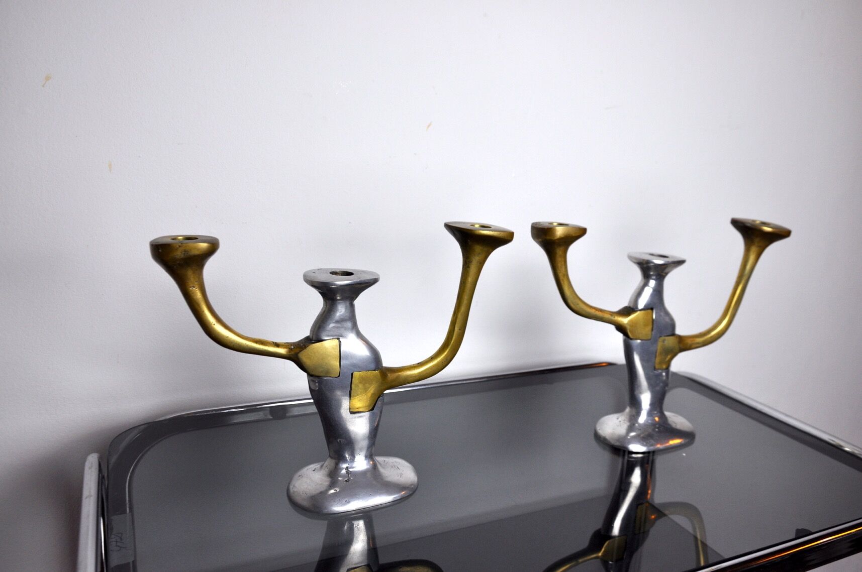 Pair of brutalist candle holders by David Marshall, 1980, Spain