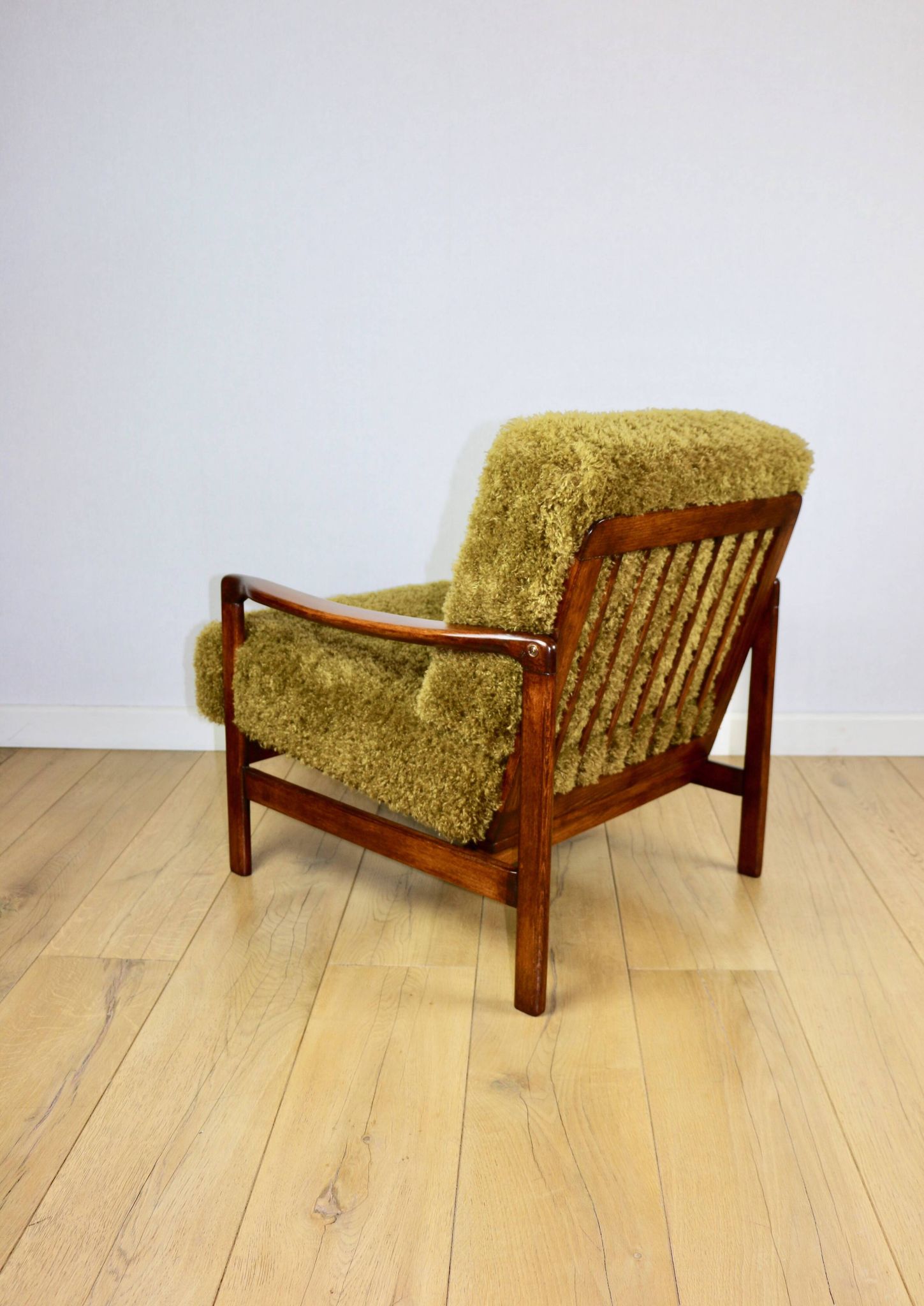 Wooden vintage brown armchair Khaki / Olive long hair Fox by Z. Bączyk - 2 pieces available