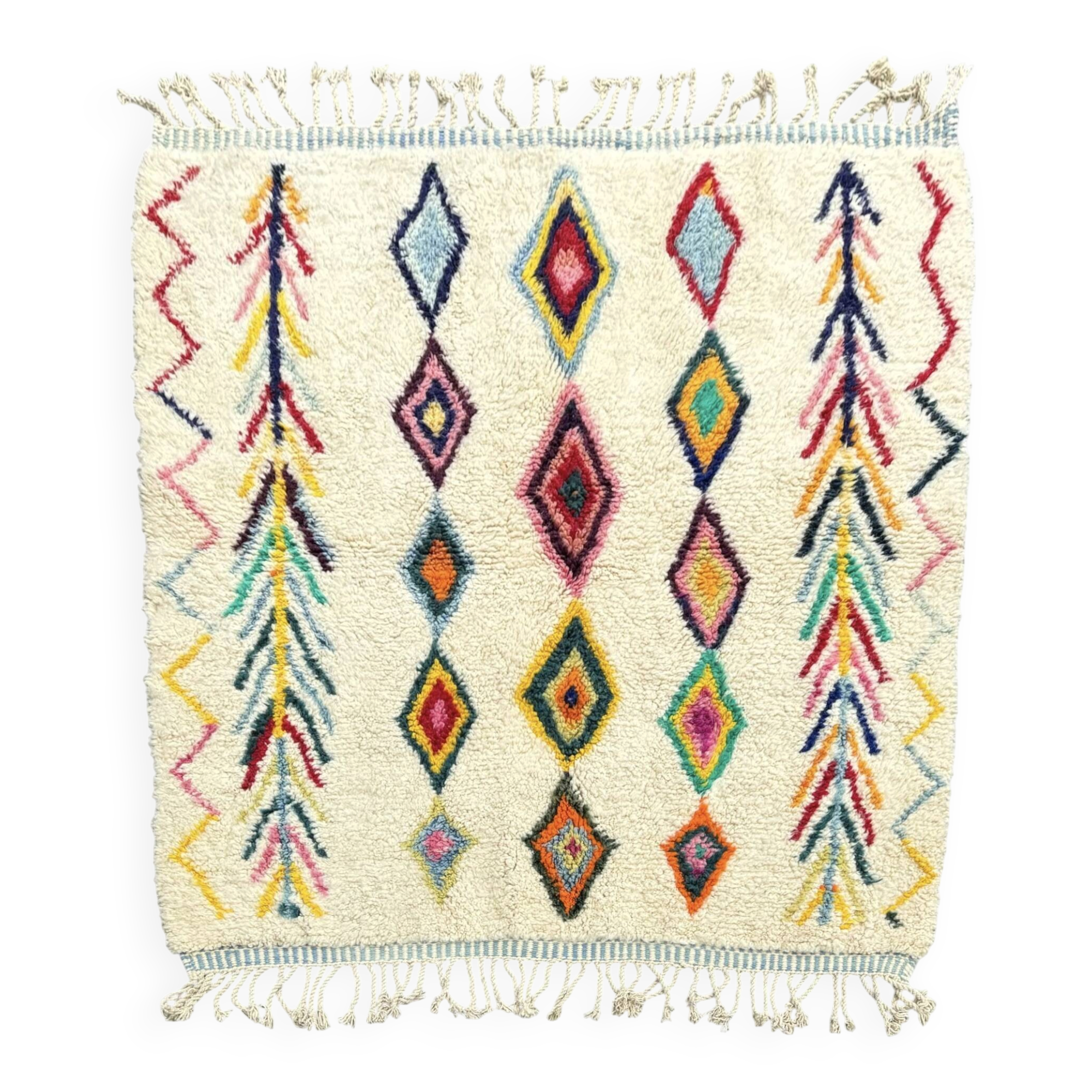 M'rirt Berber rug in cream wool with coloured patterns, 160 × 190 cm