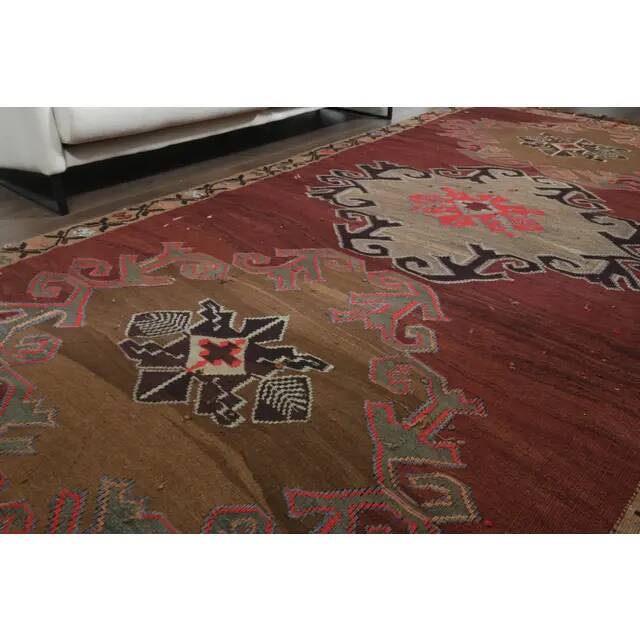 1970s Vintage Turkish Oushak Handmade Wool Cotton Red Area Rug 190x375