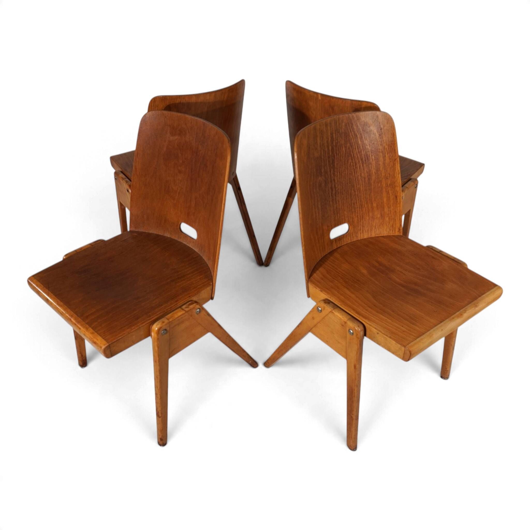 Set of 4 Bauhaus-inspired dining chairs, stackable, 1950
